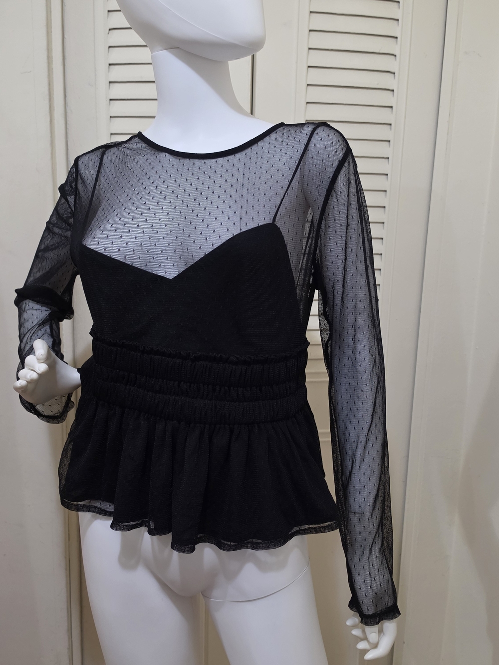 Express Black Sheer Mesh Long-Sleeve Peplum Blouse
